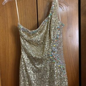 Anny Lee Gold Beaded One Shoulder Evening Gown